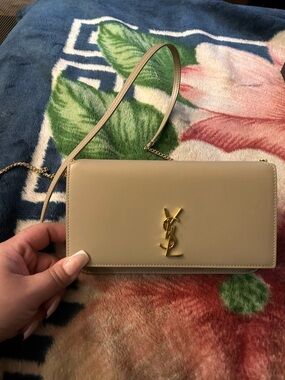 Saint Laurent Beige Leather YSL Chain Crossbody Wallet